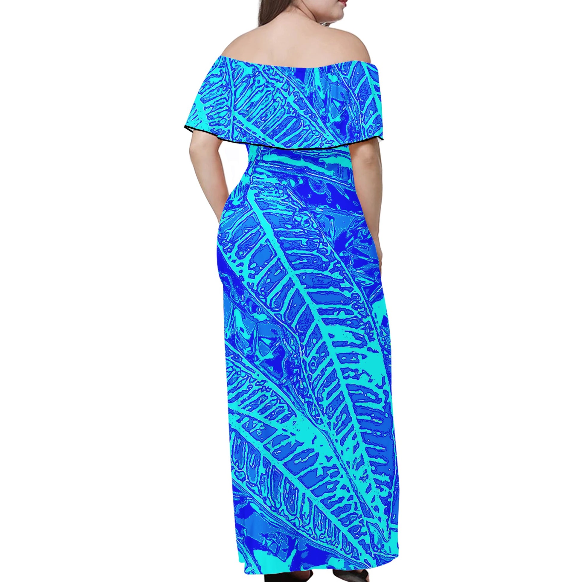 Vibrant Blue Croton Pattern Women Off-shoulder Dress - Luxtrini, LLC