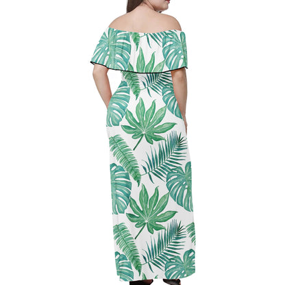 Palm and Monstera Leaf Green Pattern Women Off-shoulder Dress - Luxtrini, LLC