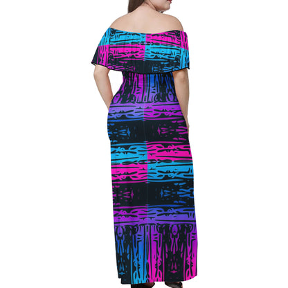 San Marcos Plaid Blue and Purple Women Off-shoulder Dress - Luxtrini, LLC