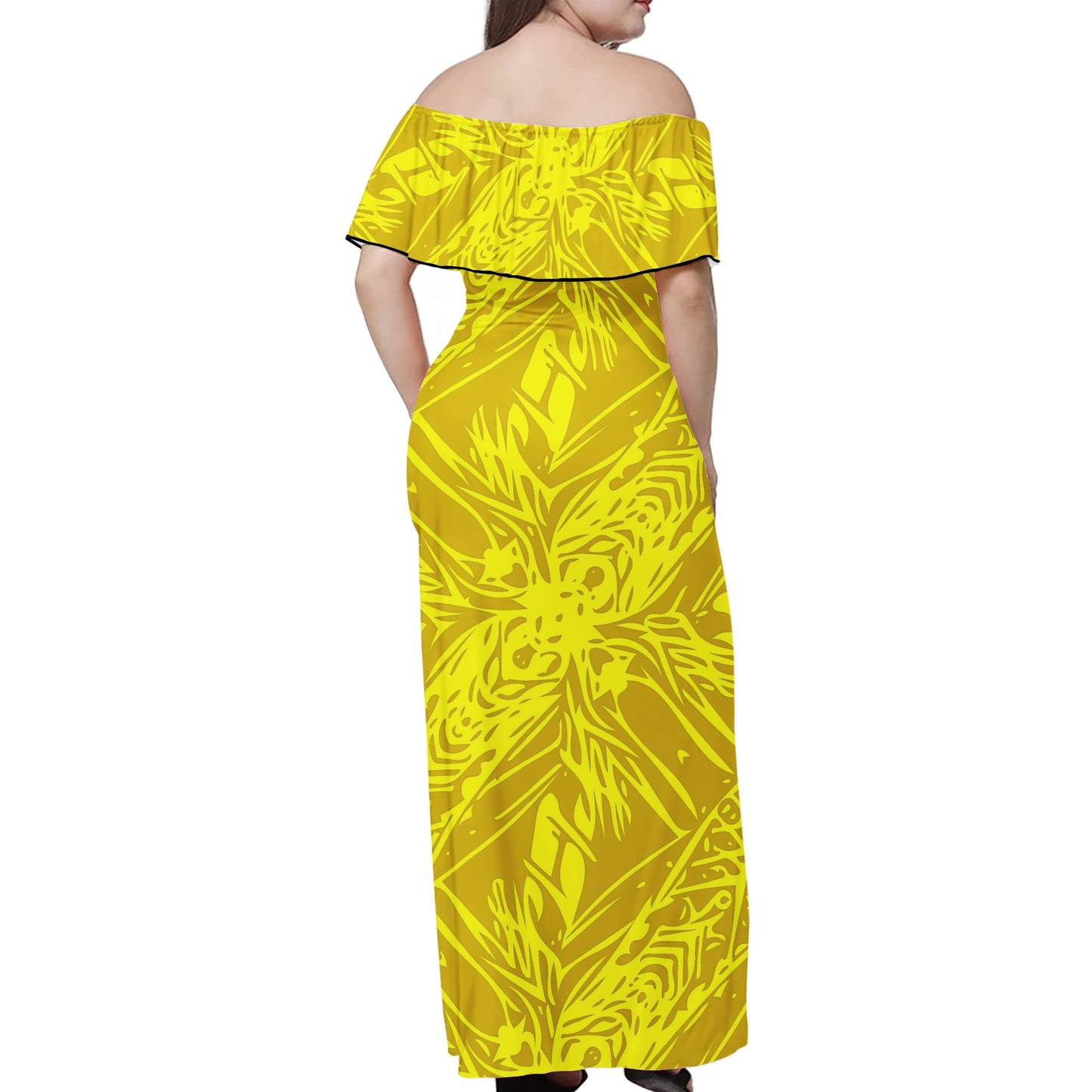 Yellow Fern Vector Abstract Women Off-shoulder Dress - Luxtrini, LLC