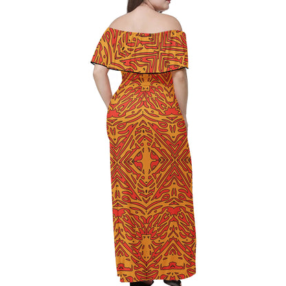 Orange Tribal Pattern Women Off-shoulder Dress - Luxtrini, LLC