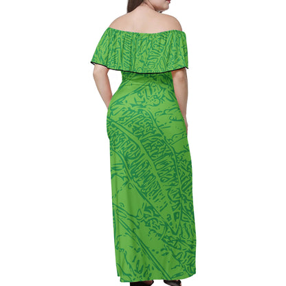 Green Croton Pattern Women Off-shoulder Dress - Luxtrini, LLC