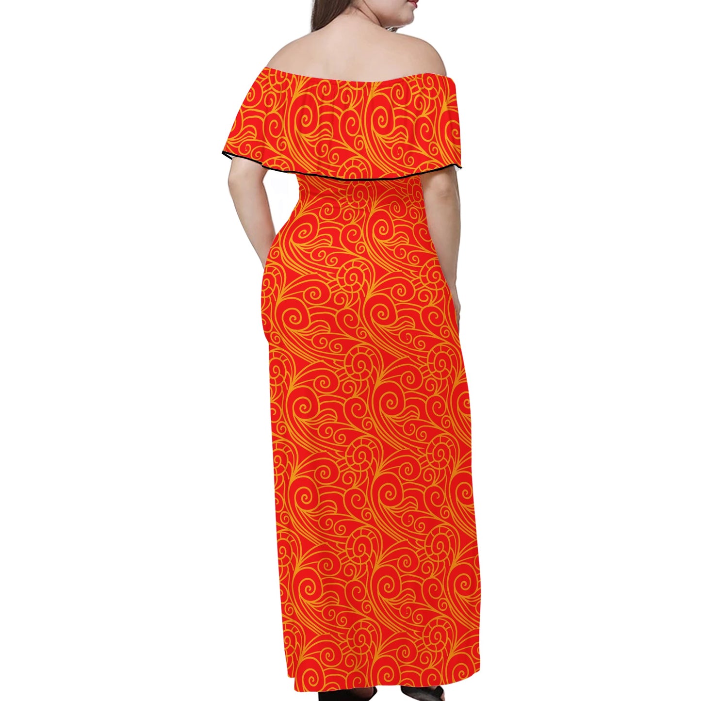 Orange Wind Chinese Pattern Women Off-shoulder Dress - Luxtrini, LLC