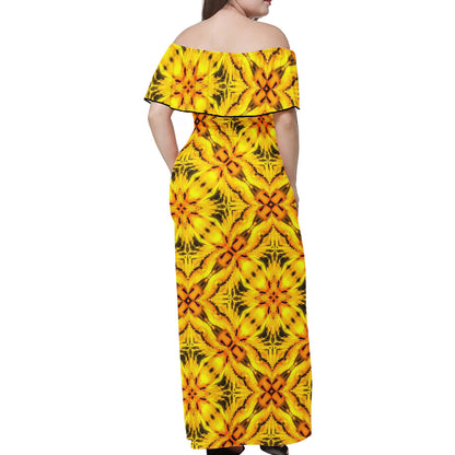 Yellow Toghu: traditional outfit of Northwestern Cameroon Women Off-shoulder Dress - Luxtrini, LLC