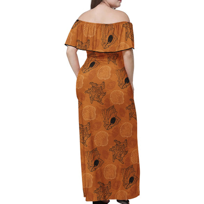 Sea Shell Ocean Design in Orange Women Off-shoulder Dress - Luxtrini, LLC