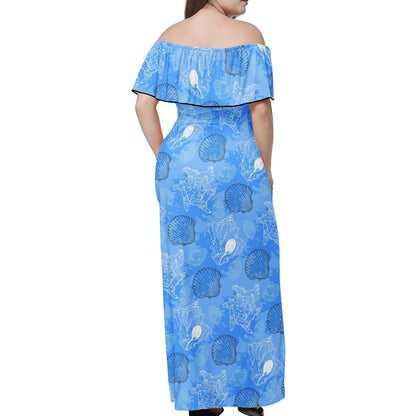 Blue Seashell Ocean Women Off-shoulder Dress - Luxtrini, LLC