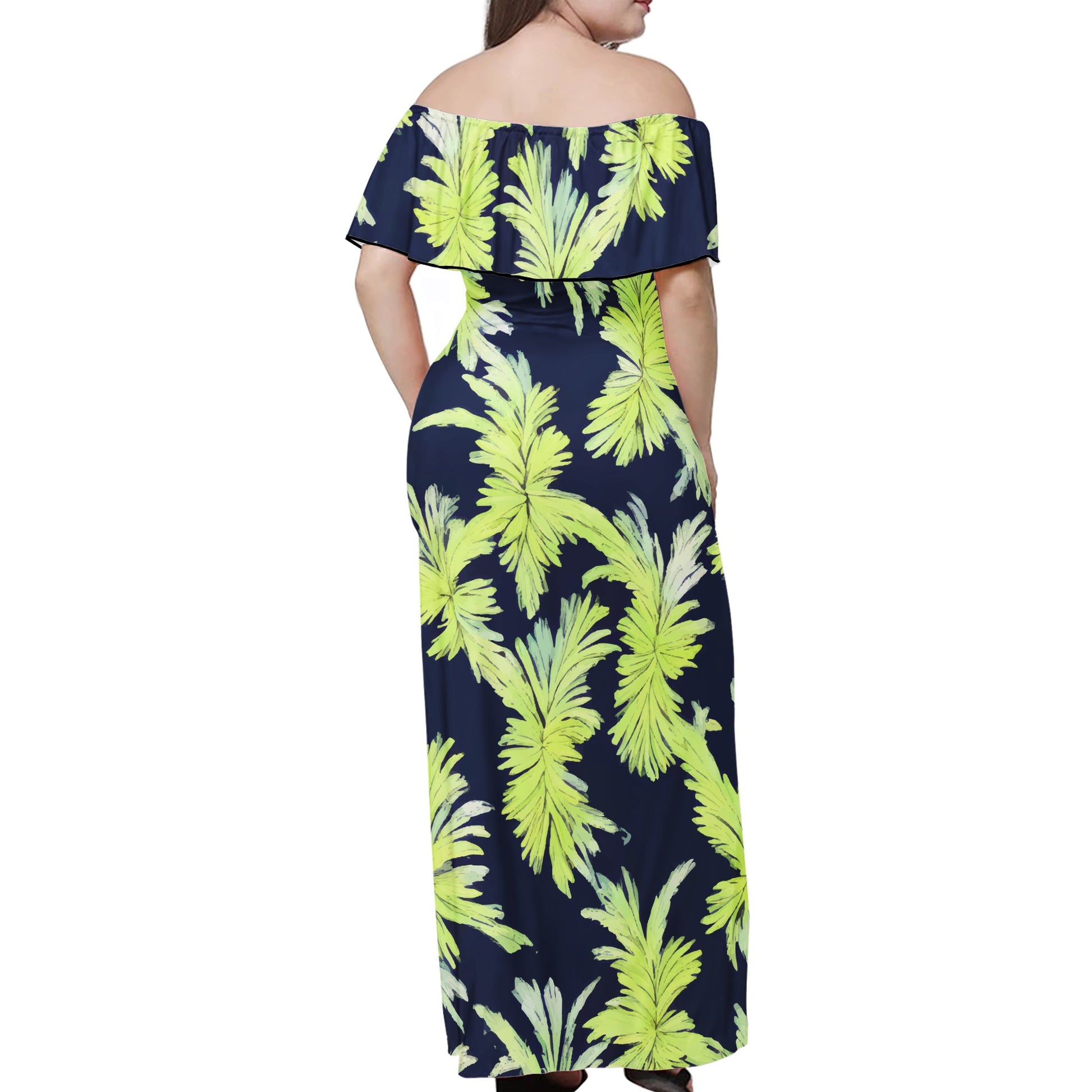 Puakenikeni - Lime Green and Black Women Off-shoulder Dress - Luxtrini, LLC