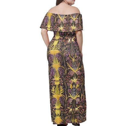 Hawaiian Golden Puakenikeni Women Off-shoulder Dress - Luxtrini, LLC