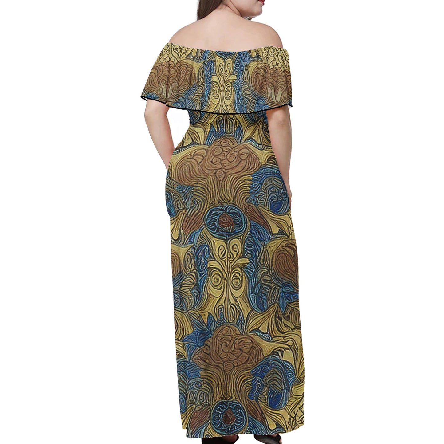 African Ethnic Blue Gold Brown Women Off Shoulder Maxi Dress