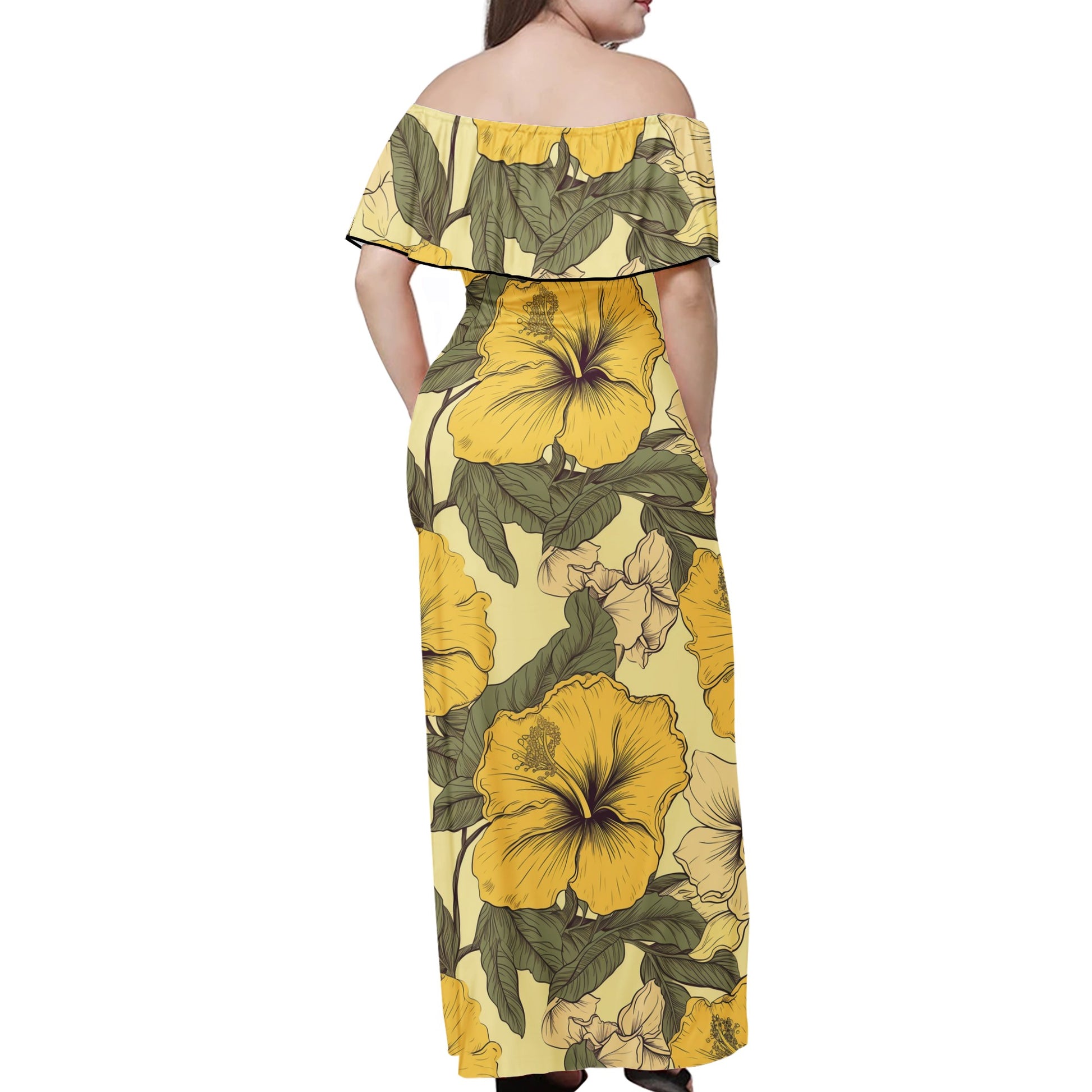 Yellow Hibiscus Women Off-shoulder Dress