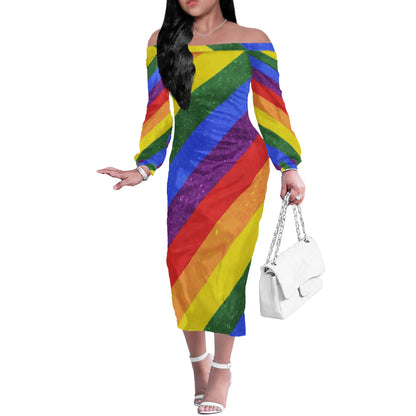 LGBTQ Pride Motif Women's Long Sleeve Off Shoulder Midi Dress - Elegant, Versatile, Perfect for Any Occasion