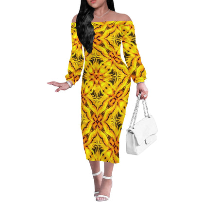 Yellow Toghu: traditional Cameroon Women Long Sleeve Off Shoulder Midi Dress