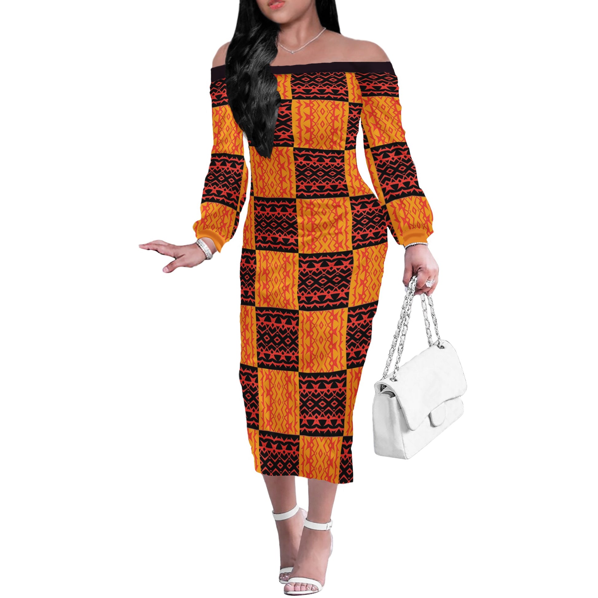 Black and Orange Tribal Design Women's Long Sleeve Off Shoulder Midi Dress - Customizable, Perfect for Any Occasion Women