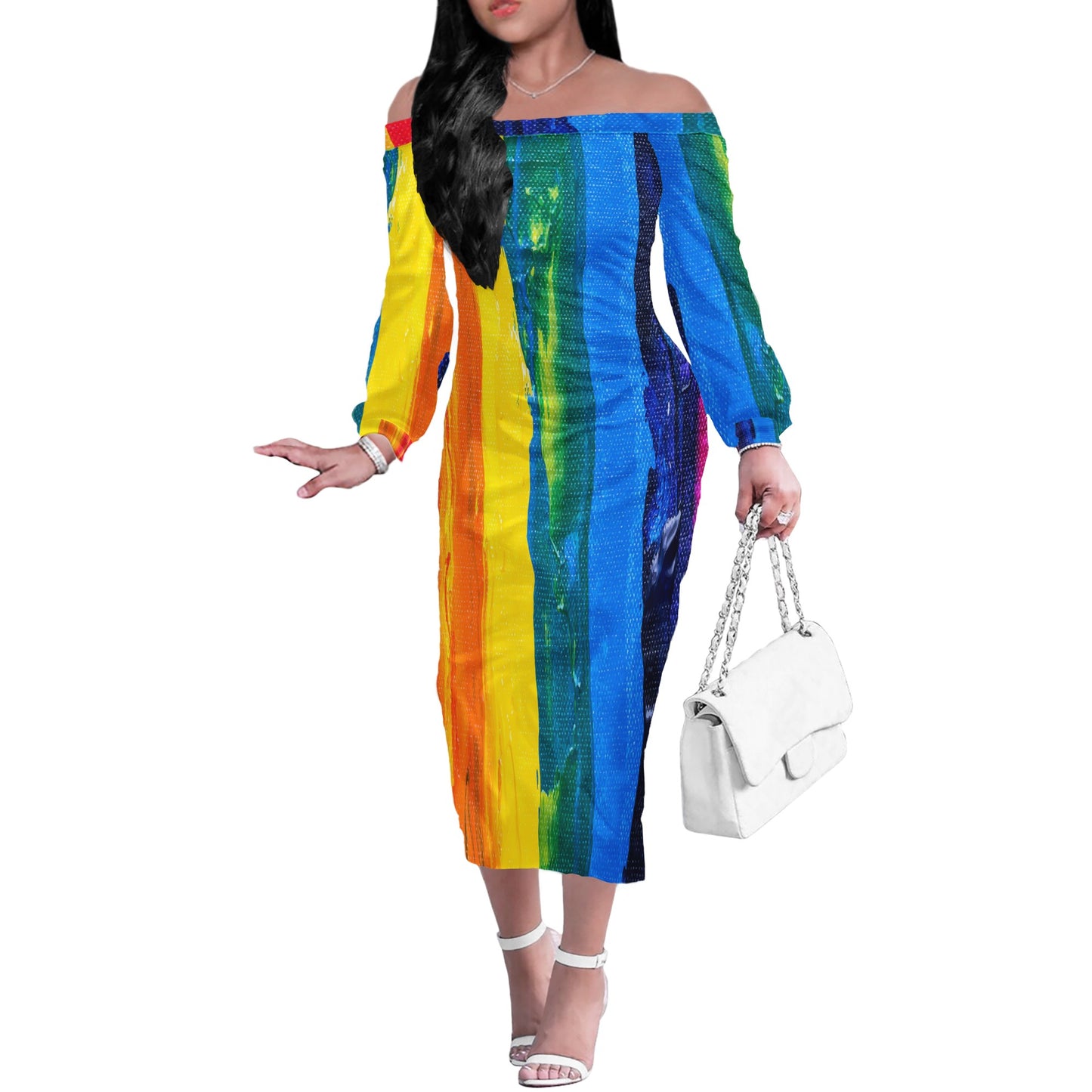 Rainbow Painting Women Long Sleeve Off Shoulder Midi Dress Women