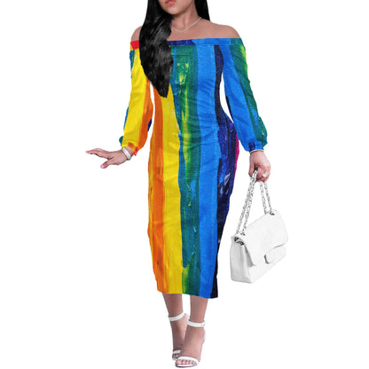Rainbow Painting Women Long Sleeve Off Shoulder Midi Dress Women