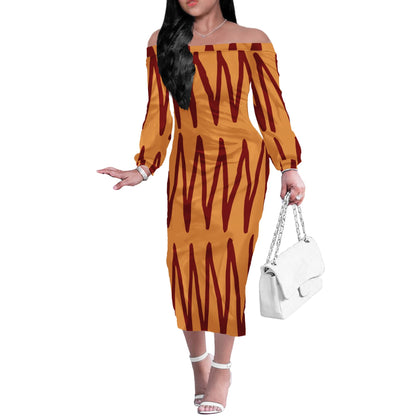 African Ethnic Mudcloth Orange Women Long Sleeve Off Shoulder Midi Dress