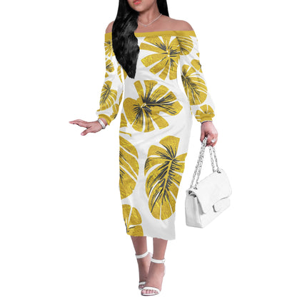 Gold Monstera Women Long Sleeve Off Shoulder Midi Dress