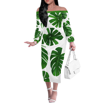 Green Monstera Women Long Sleeve Off Shoulder Midi Dress Women