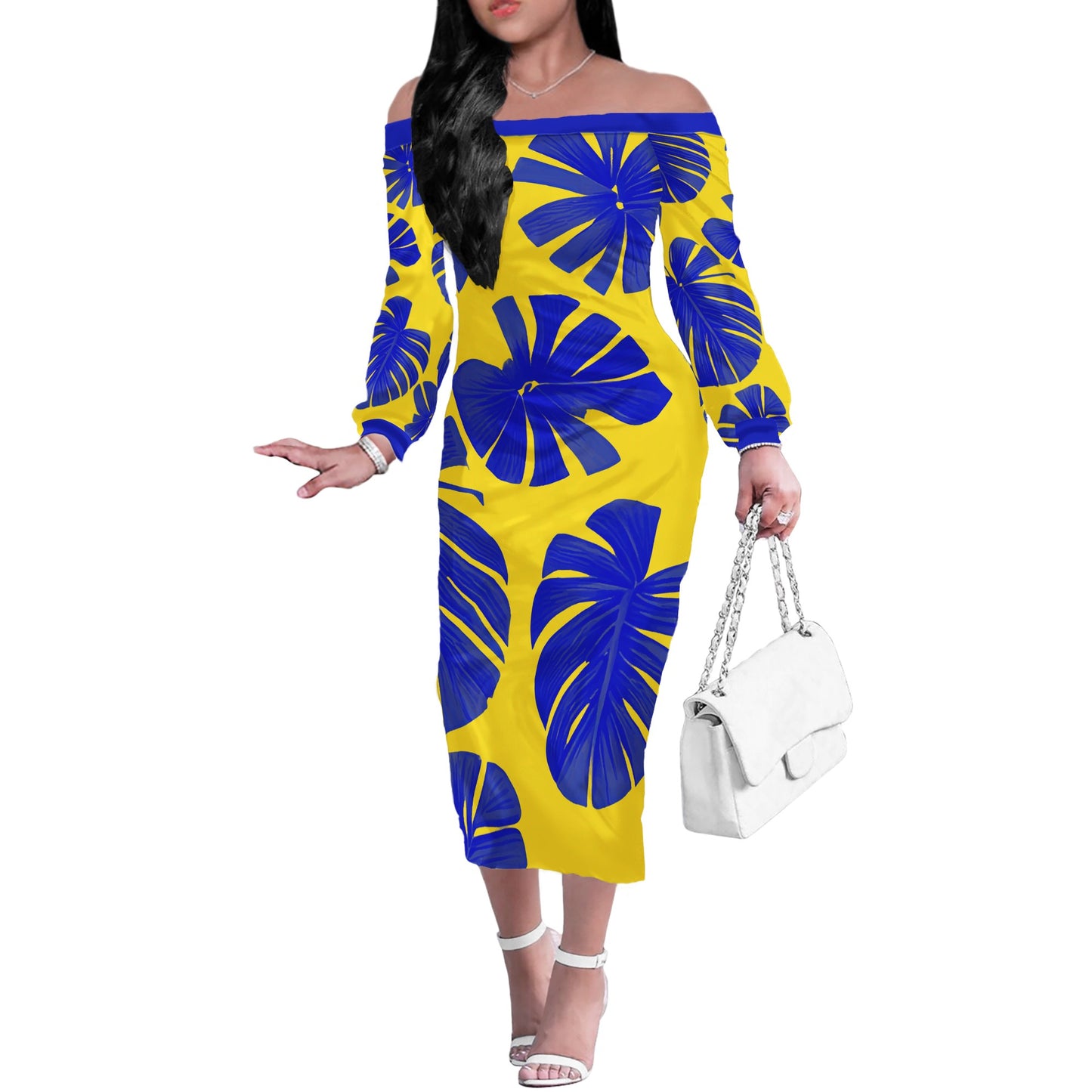 Blue Monstera on Yellow Women Long Sleeve Off Shoulder Midi Dress