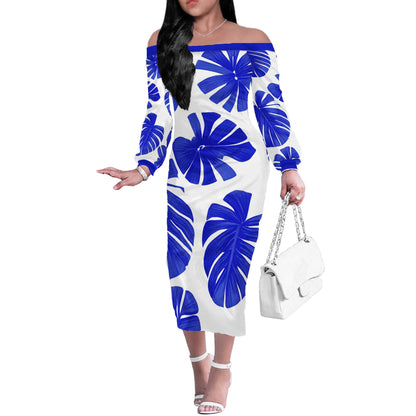 Blue Monstera on White Women Long Sleeve Off Shoulder Midi Dress