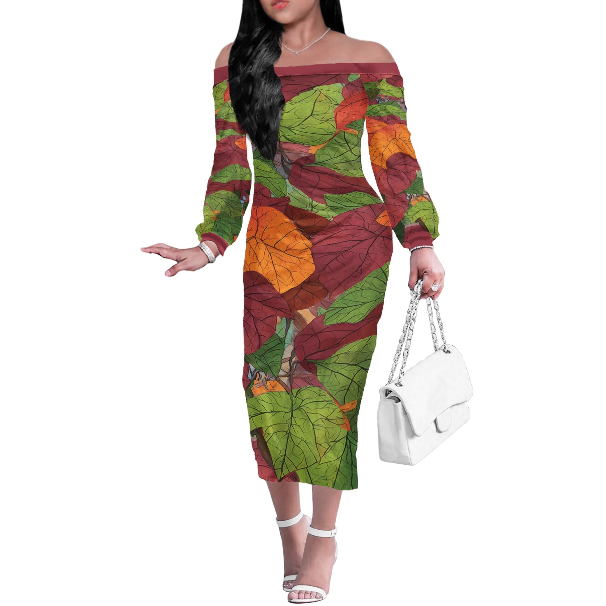 Autumn Leaves Women Long Sleeve Off Shoulder Midi Dress Sizes up to 4XL Women