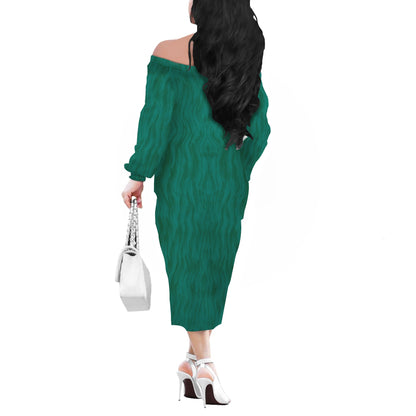 Decorative Green Women Long Sleeve Off Shoulder Midi Dress