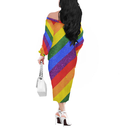 LGBTQ Pride Motif Women's Long Sleeve Off Shoulder Midi Dress - Elegant, Versatile, Perfect for Any Occasion