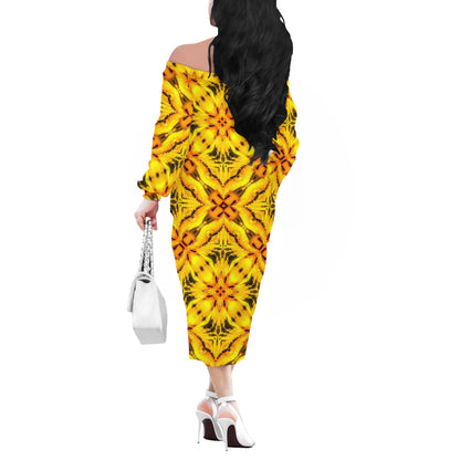 Yellow Toghu: traditional Cameroon Women Long Sleeve Off Shoulder Midi Dress