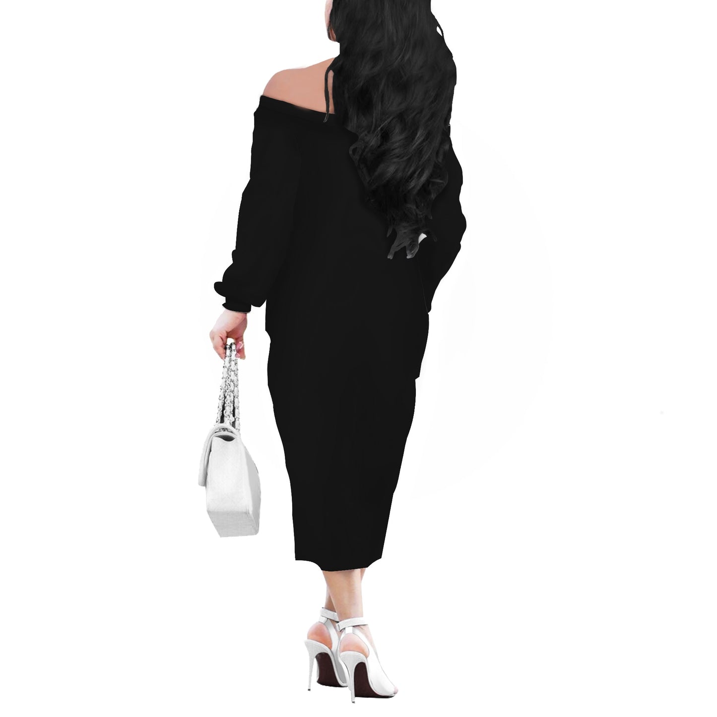 Black Women Long Sleeve Off Shoulder Midi Dress