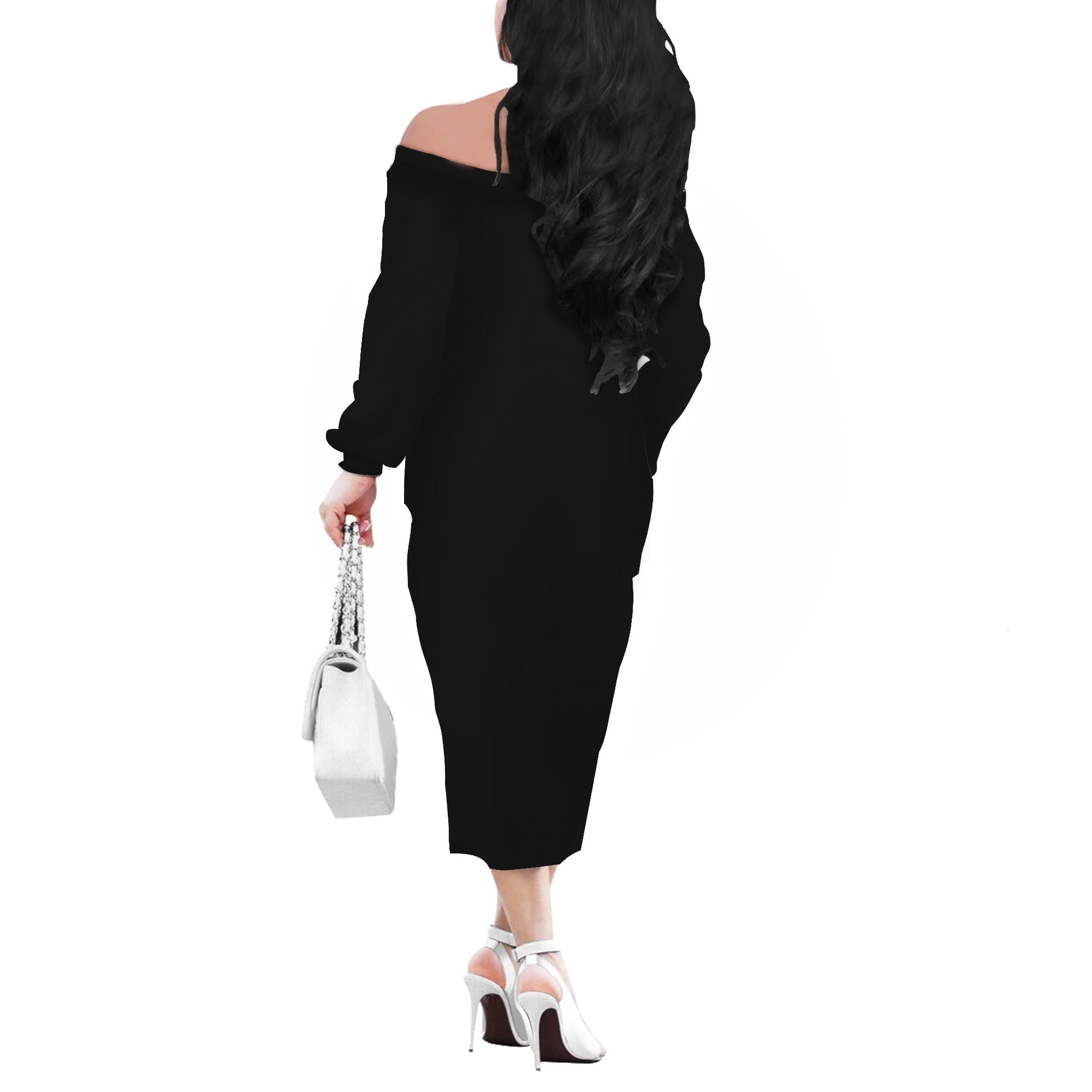 Black Women Long Sleeve Off Shoulder Midi Dress