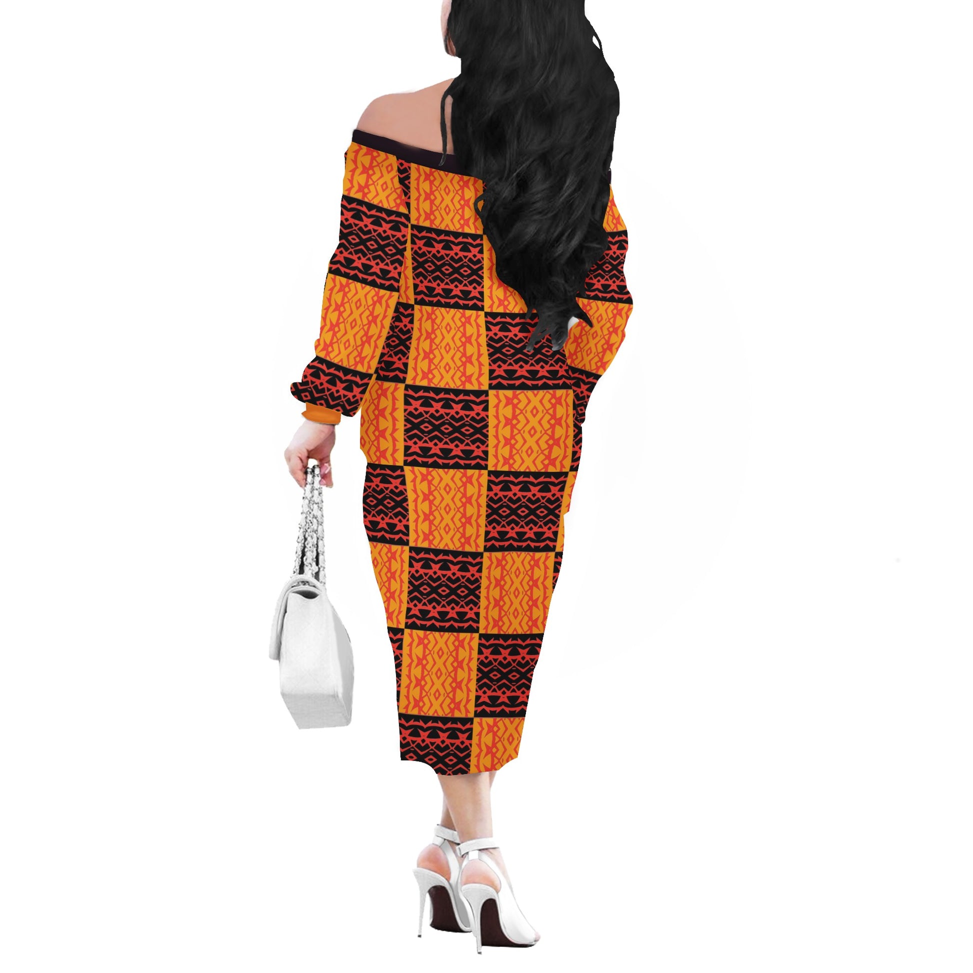Black and Orange Tribal Design Women's Long Sleeve Off Shoulder Midi Dress - Customizable, Perfect for Any Occasion