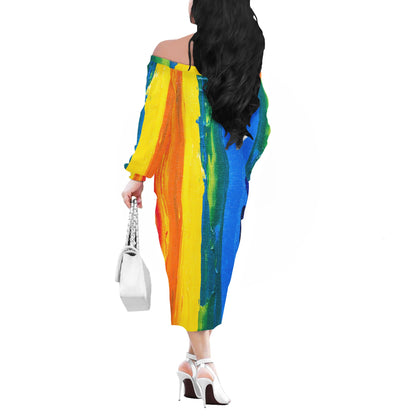 Rainbow Painting Women Long Sleeve Off Shoulder Midi Dress