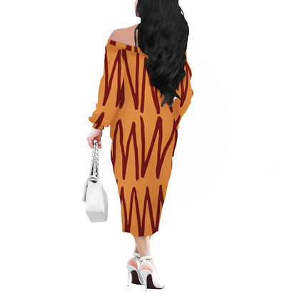 African Ethnic Mudcloth Orange Women Long Sleeve Off Shoulder Midi Dress