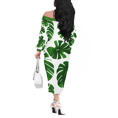 Green Monstera Women Long Sleeve Off Shoulder Midi Dress