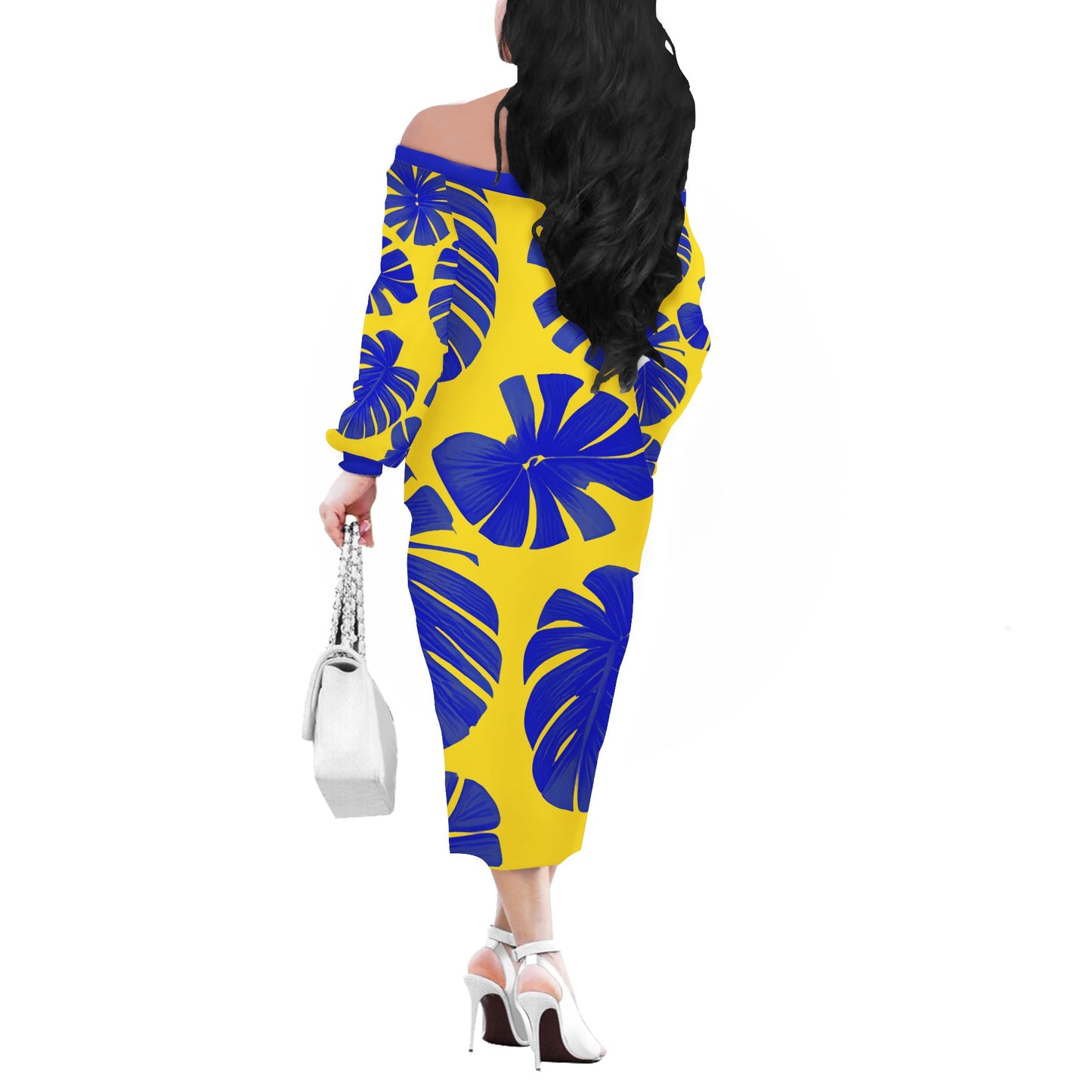 Blue Monstera on Yellow Women Long Sleeve Off Shoulder Midi Dress