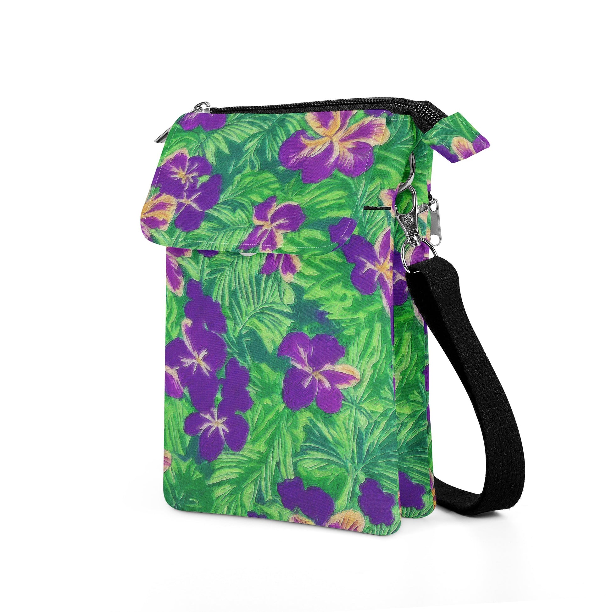 Blue Flag Iris on Green Cloth Crossbody Bag - Luxtrini, LLC