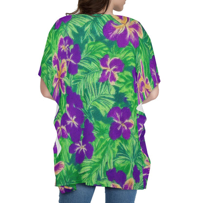 Blue Flag Iris on Green Women Oversize Shirt Dress - Luxtrini, LLC