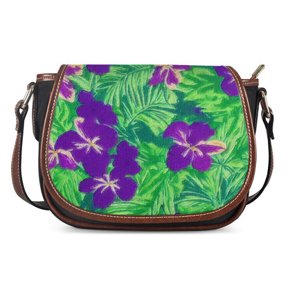 Blue Flag Iris on Green Saddle Bags - Luxtrini, LLC