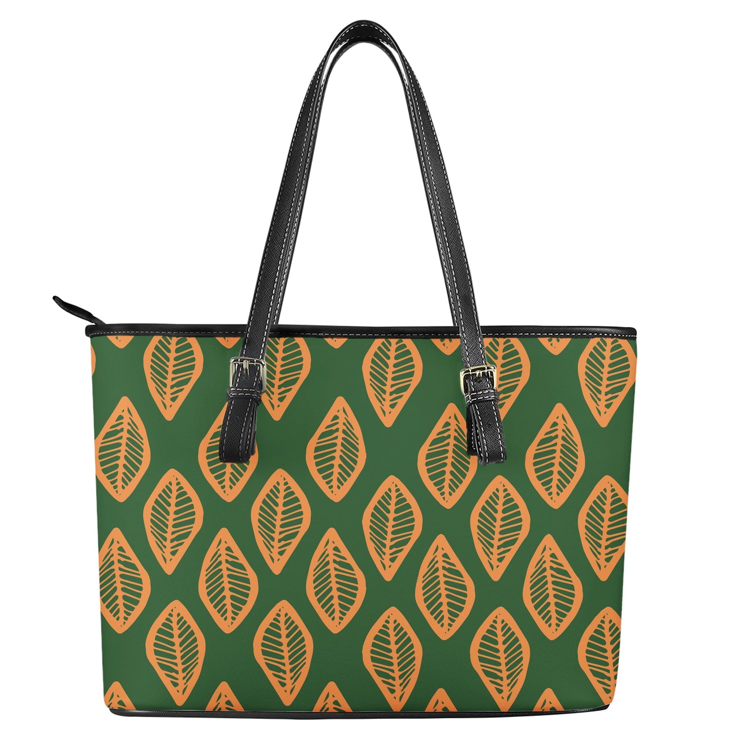 African Mud Cloth #16 Green and Orange Leather Tote Bags - Luxtrini, LLC