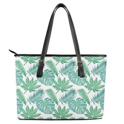 Palm and Monstera Leaf Green Pattern Leather Tote Bags - Luxtrini, LLC