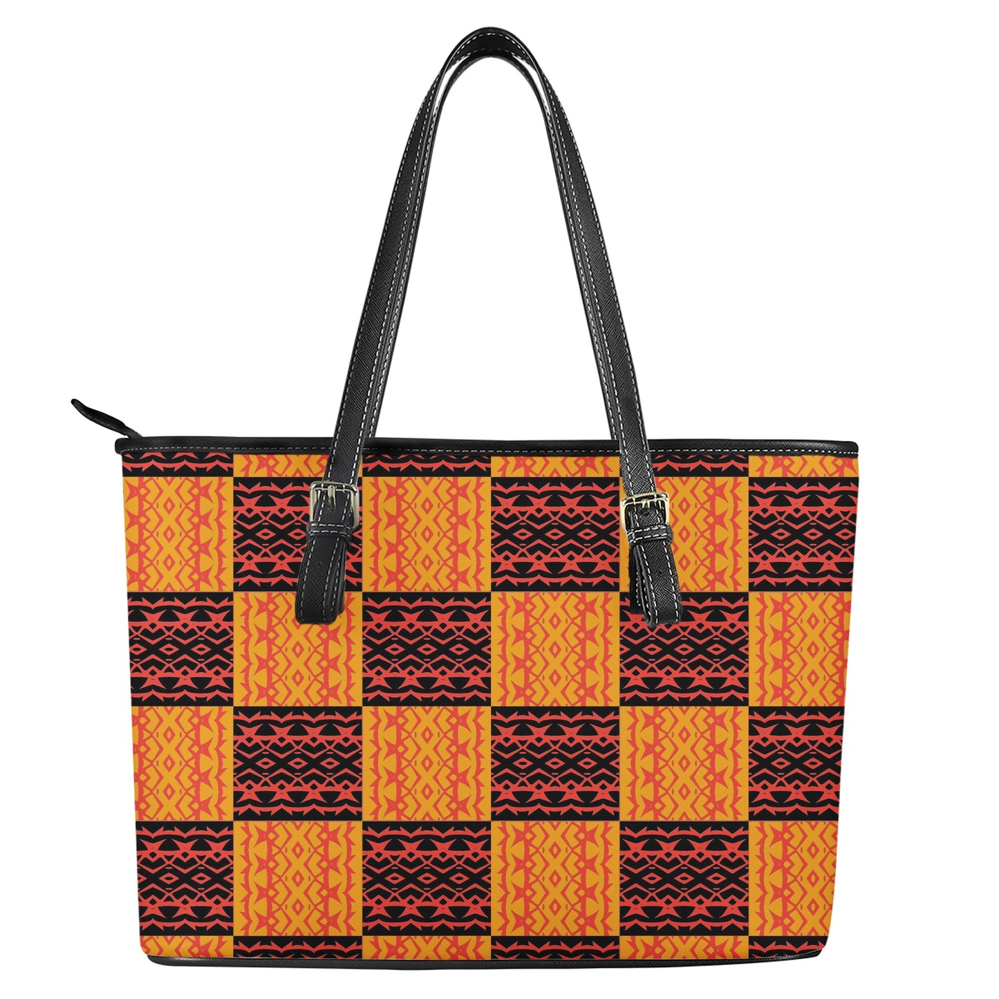 Leather Tote Bags - Black and Orange Tribal Design - Luxtrini, LLC