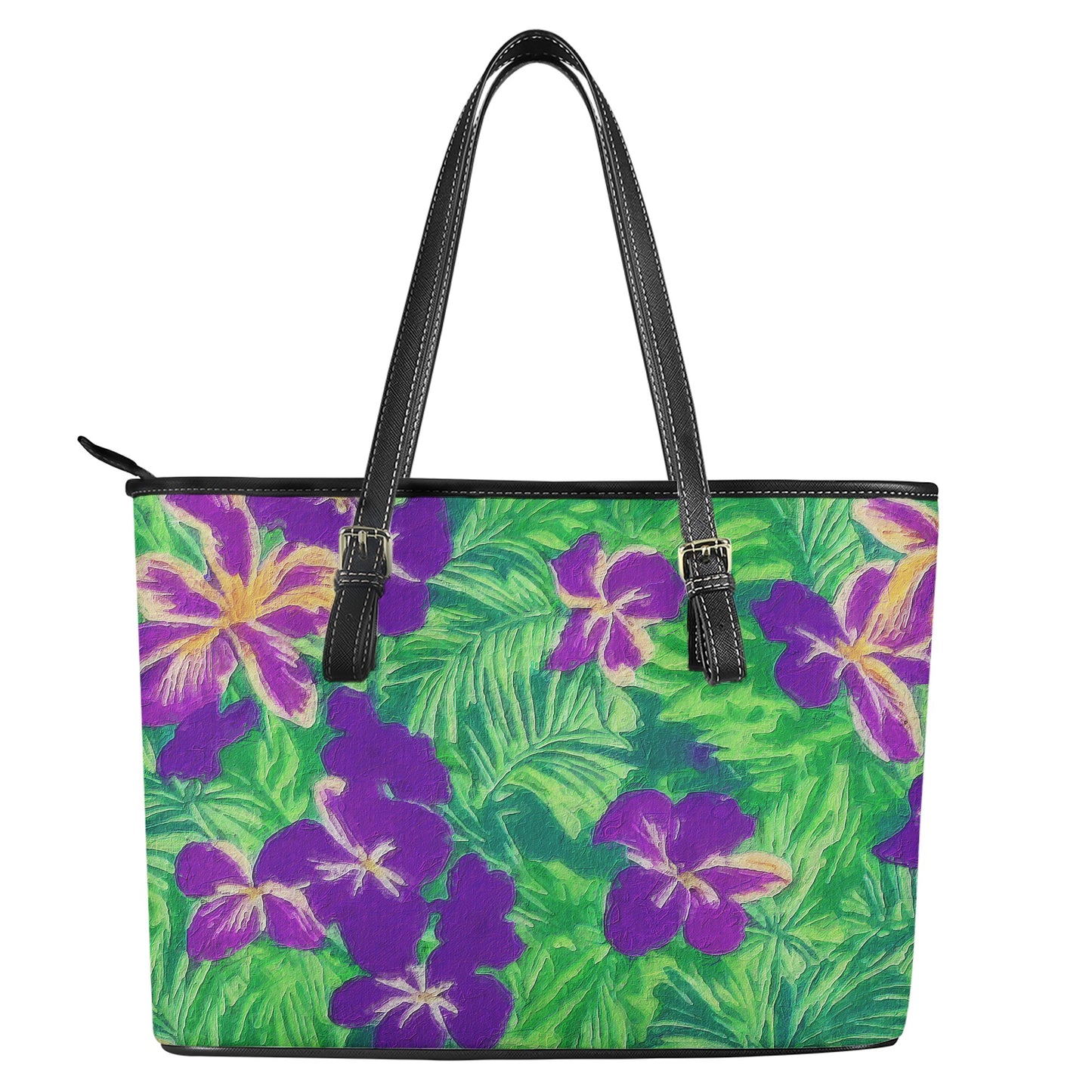 Blue Flag Iris on Green Leather Tote Bags - Luxtrini, LLC