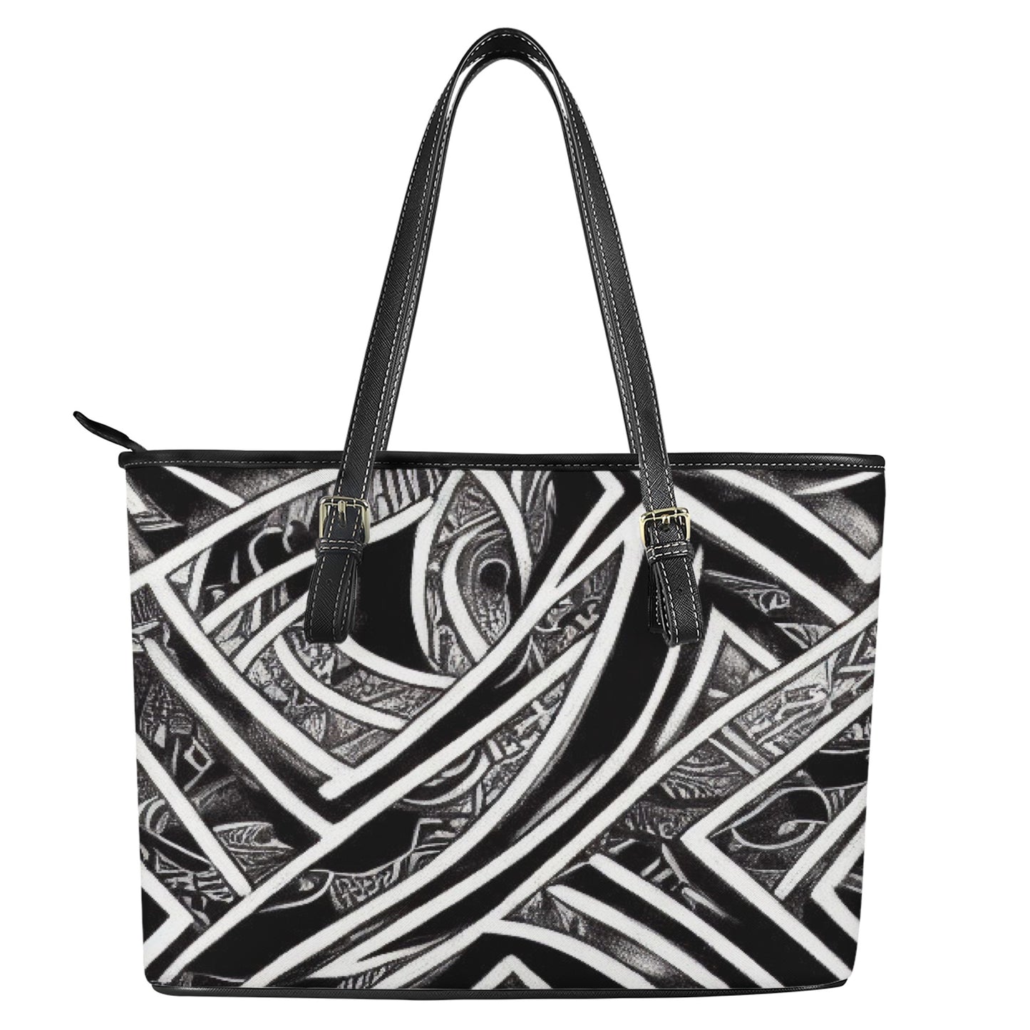 Black and White Polynesian Leather Tote Bags