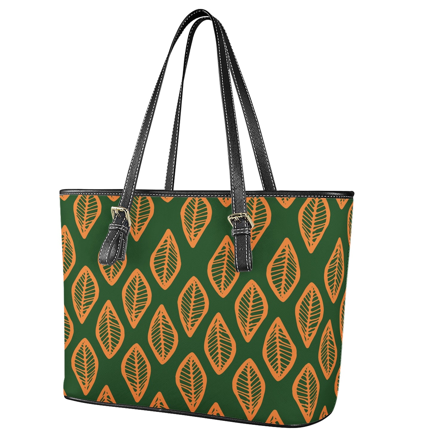 African Mud Cloth #16 Green and Orange Leather Tote Bags - Luxtrini, LLC