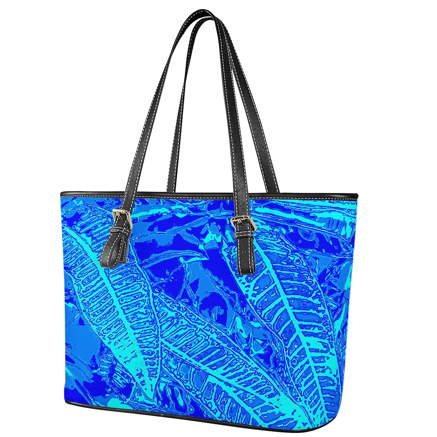 Vibrant Blue Croton Pattern Leather Tote Bags - Luxtrini, LLC