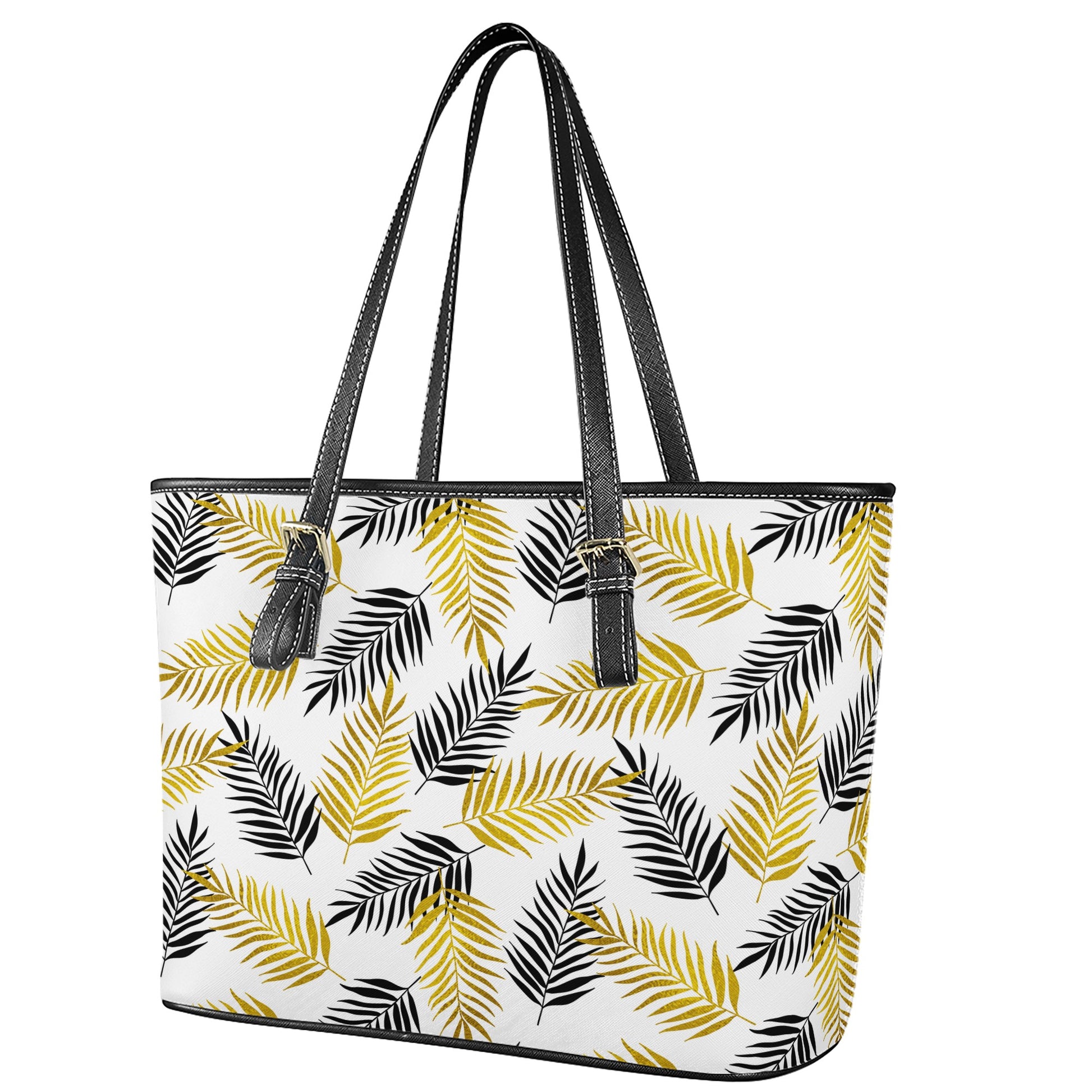 Black and Gold Palm Branches Leather Tote Bags - Luxtrini, LLC