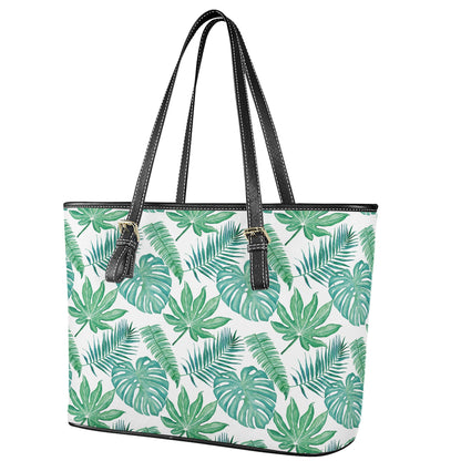 Palm and Monstera Leaf Green Pattern Leather Tote Bags - Luxtrini, LLC