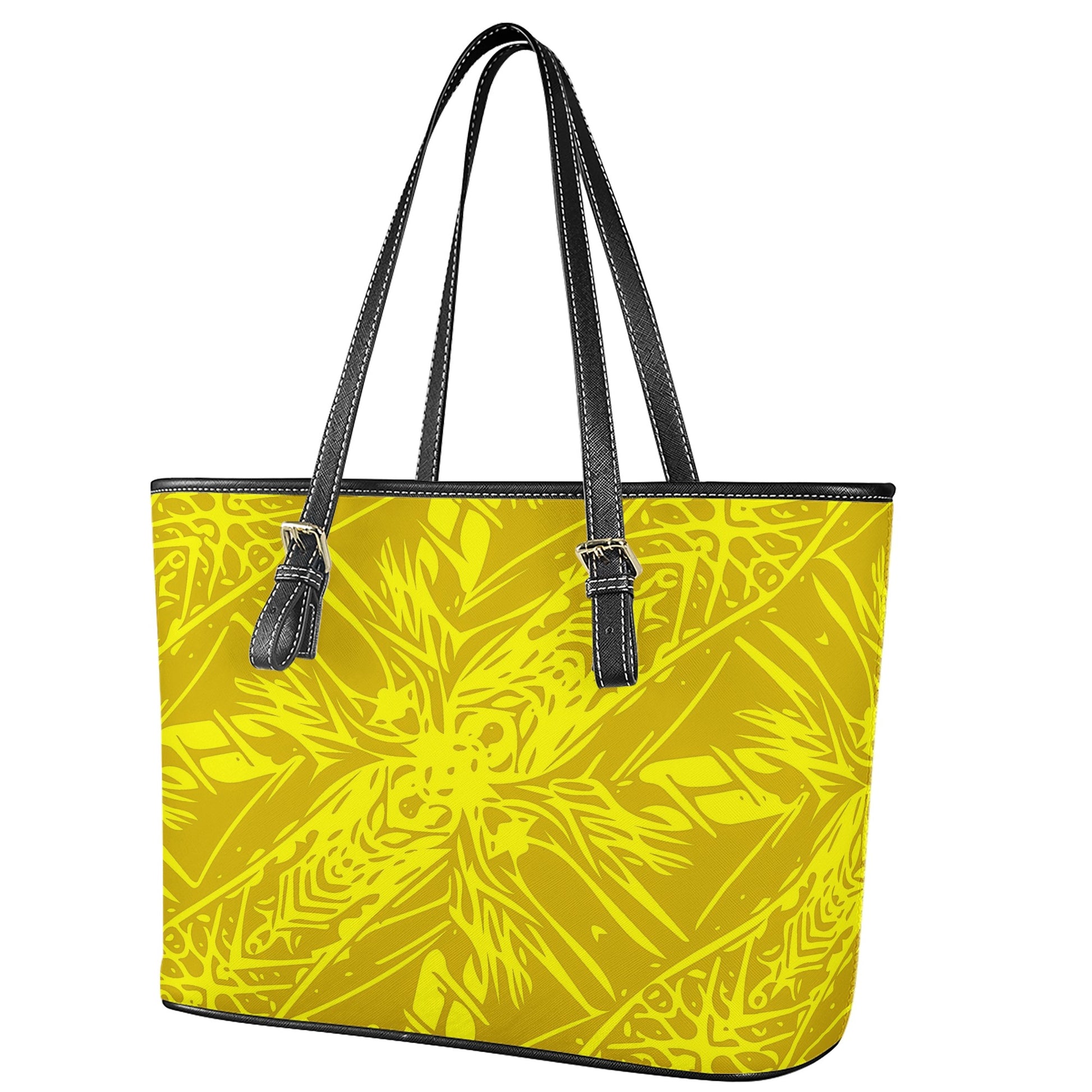 Yellow Fern Vector Abstract Leather Tote Bags - Luxtrini, LLC