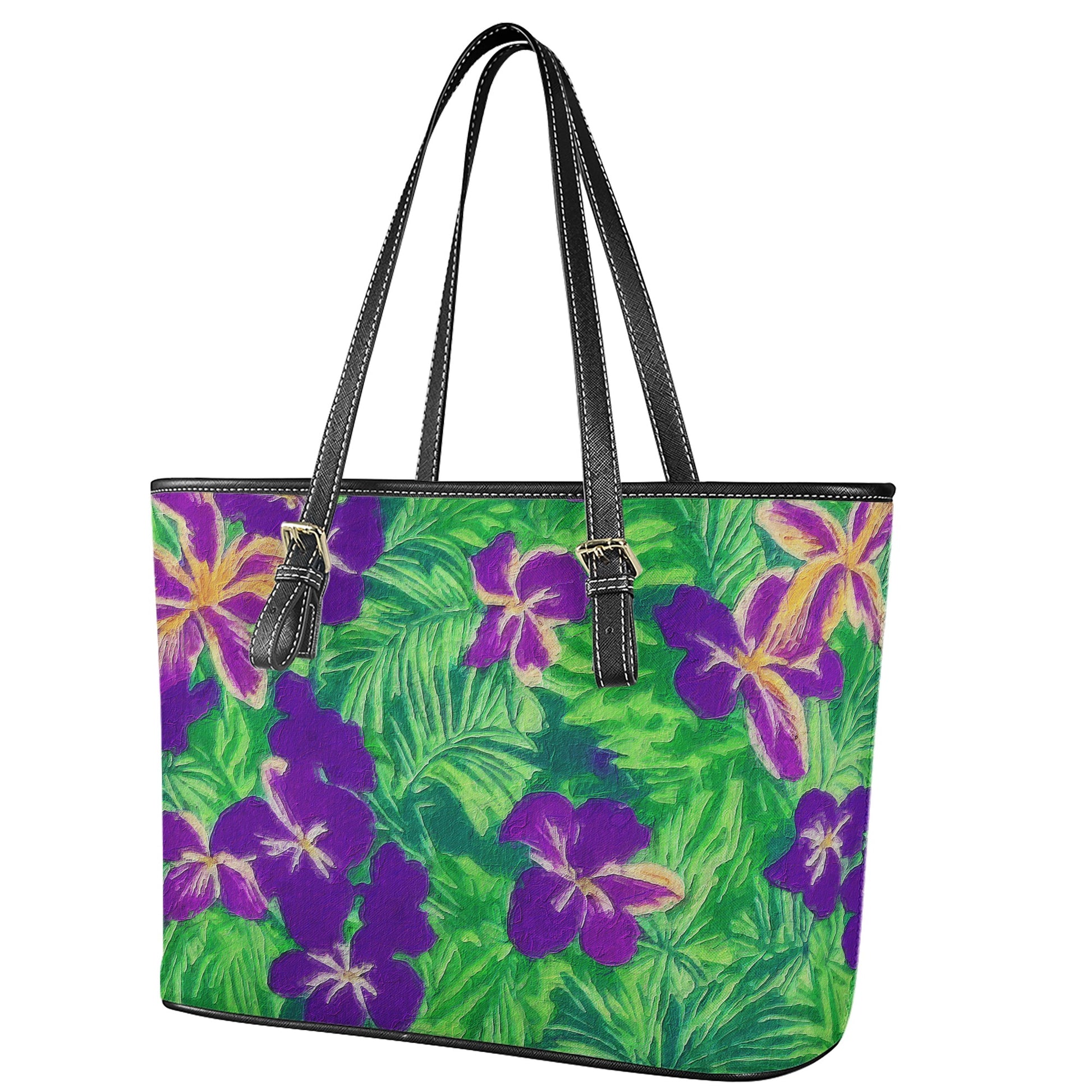 Blue Flag Iris on Green Leather Tote Bags - Luxtrini, LLC