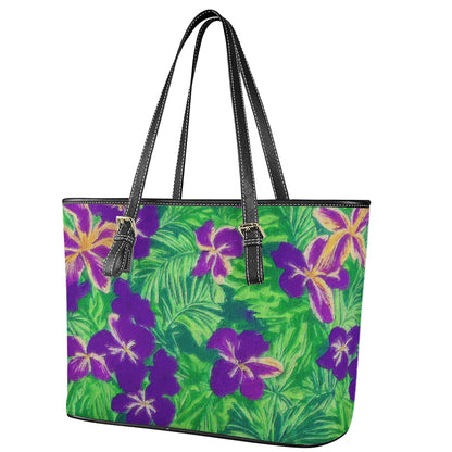 Blue Flag Iris on Green Leather Tote Bags - Luxtrini, LLC